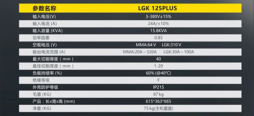 尊龙凯时LGK125PLUS等离子切割机参数